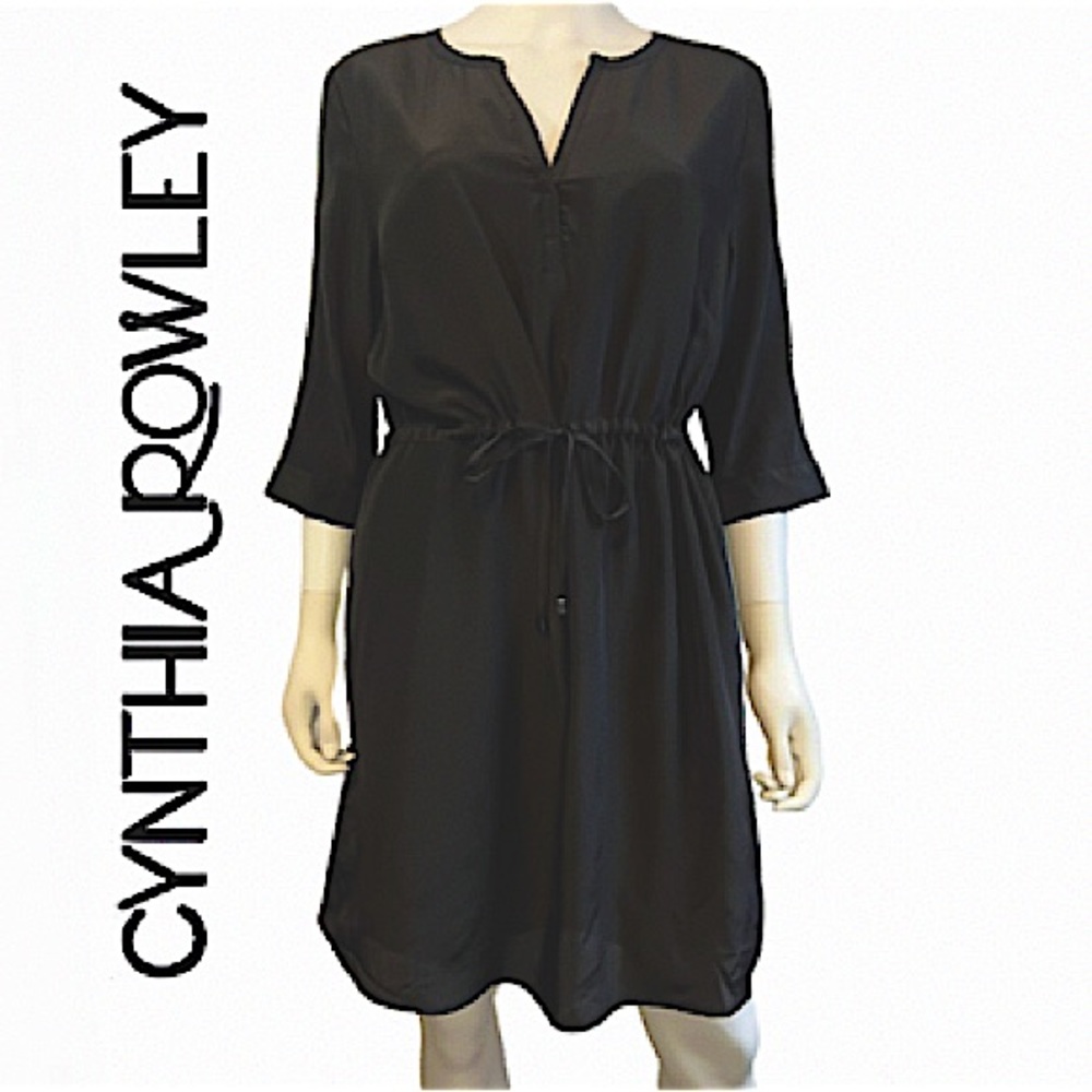 CYNTHIA ROWLEY. EUC. Silk 3/4 sleeve midi dress.Drawstring waist. Black.10